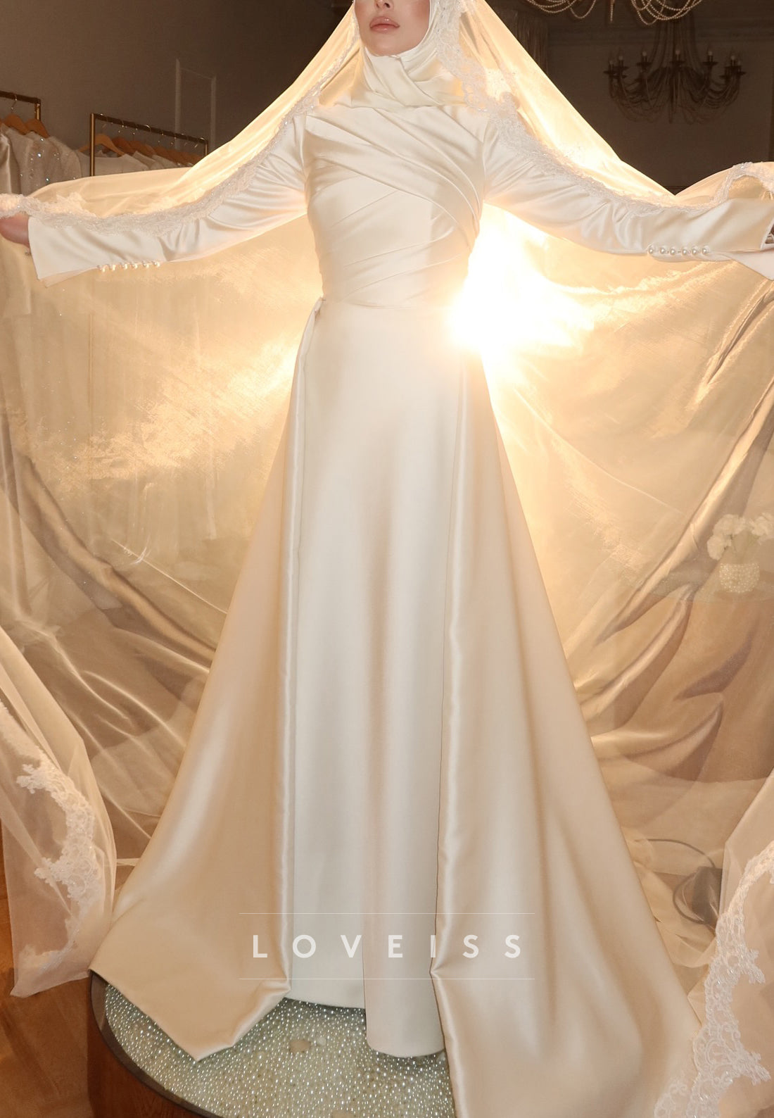 High Neck Long Sleeves Satin A-Line Wedding Dress