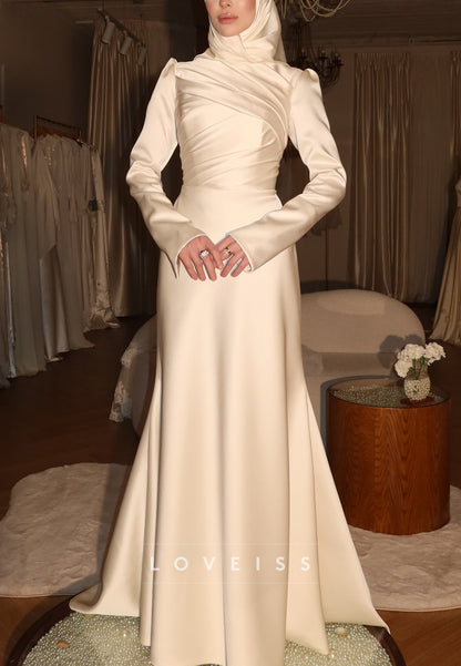 High Neck Long Sleeves Satin A-Line Wedding Dress