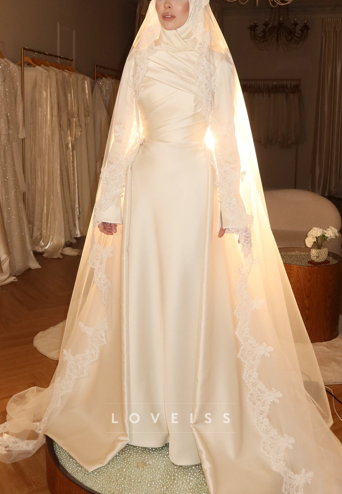 High Neck Long Sleeves Satin A-Line Wedding Dress