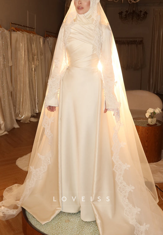 High Neck Long Sleeves Satin A-Line Wedding Dress