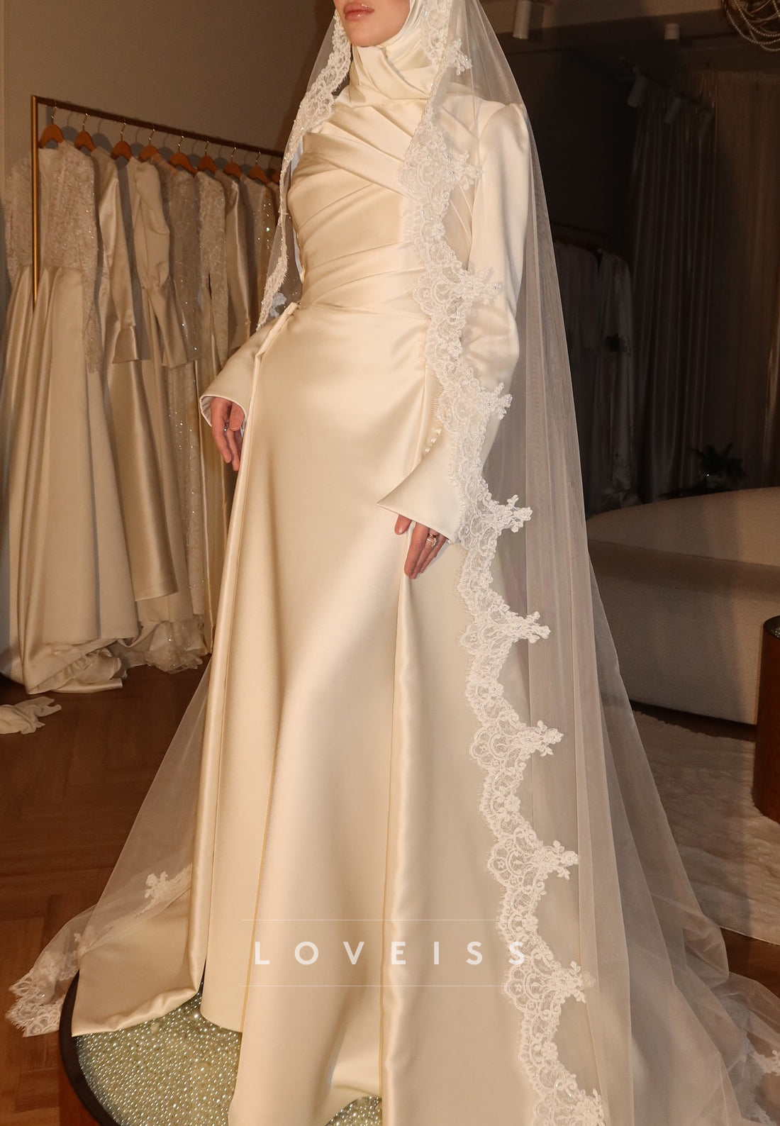 High Neck Long Sleeves Satin A-Line Wedding Dress