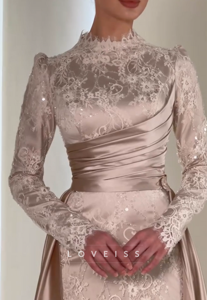 High Neck Long Sleeves Sequins Appliques Mermaid Evening Dress
