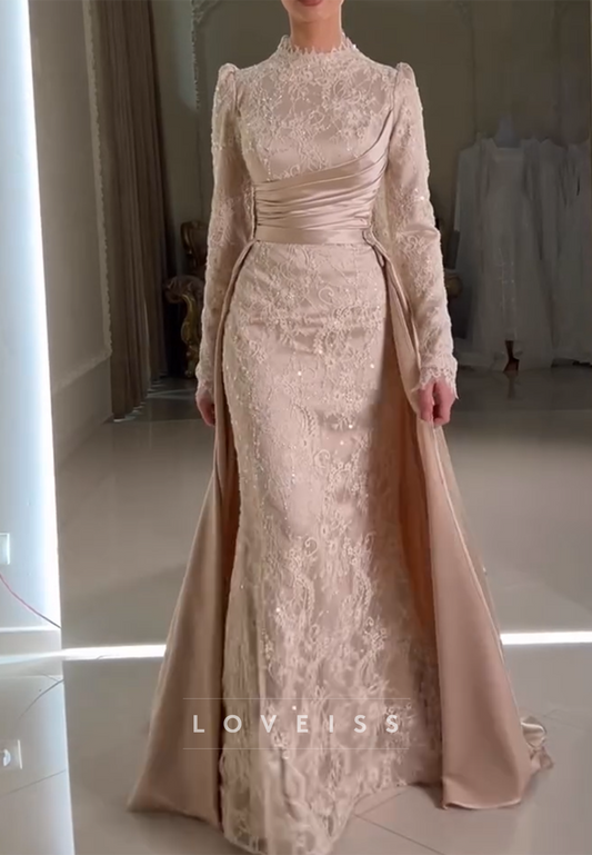 High Neck Long Sleeves Sequins Appliques Mermaid Evening Dress