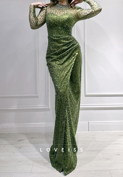 High Neck Long Sleeves Sequins Pearl Sheath Evening Dress