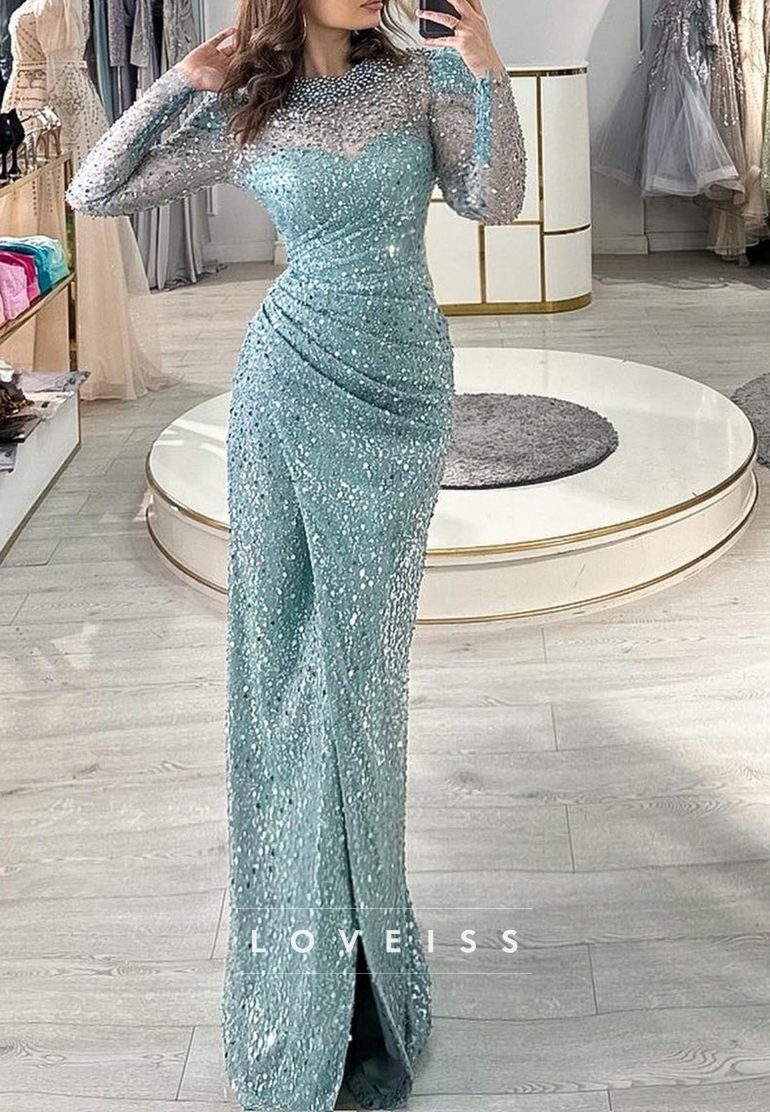 High Neck Long Sleeves Sequins Pearl Sheath Evening Dress