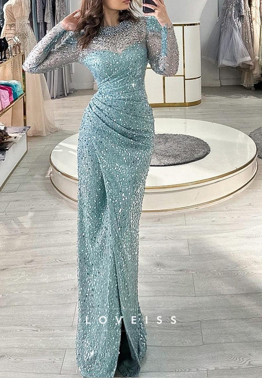 High Neck Long Sleeves Sequins Pearl Sheath Evening Dress