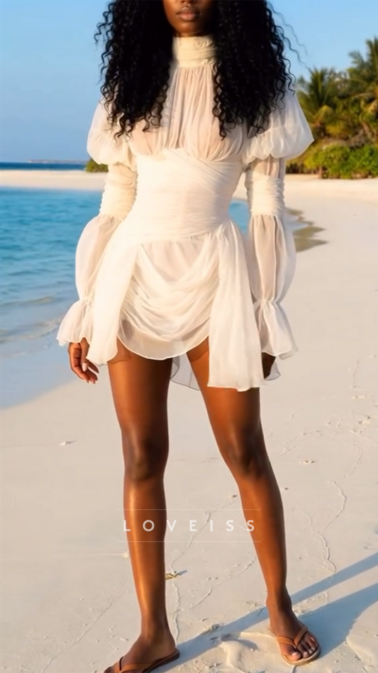 High Neck Long Sleeves Short A-Line Wedding Dress
