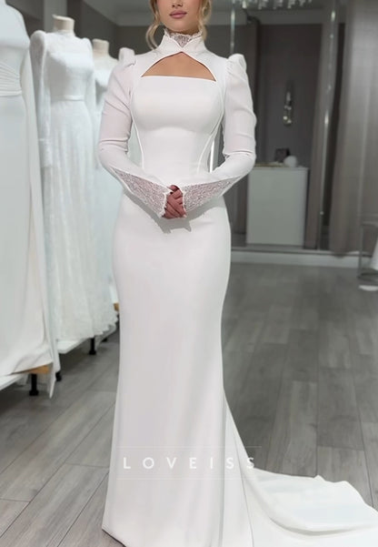 High Neck Long Sleeves Sleek Mermaid Wedding Dress