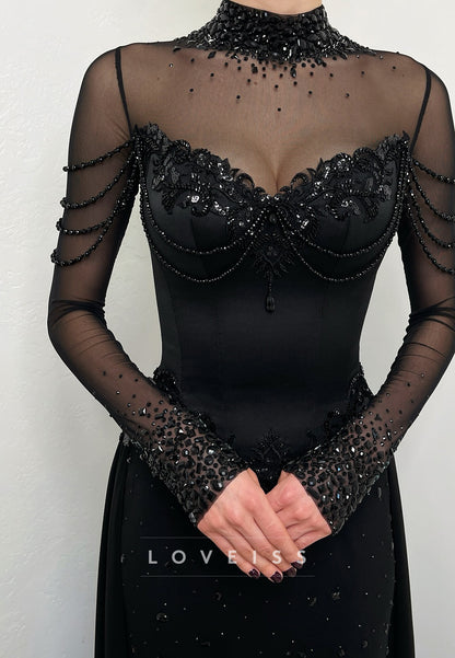High Neck Long Sleeves Sparkly Sequins Sheath Black Wedding Dress