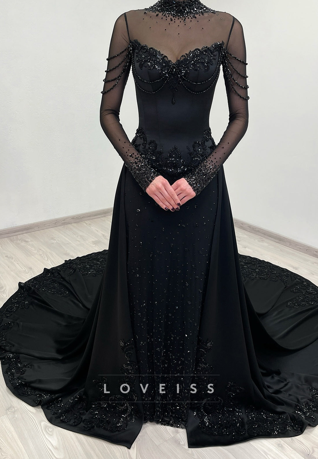 High Neck Long Sleeves Sparkly Sequins Sheath Black Wedding Dress
