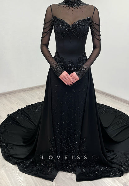 High Neck Long Sleeves Sparkly Sequins Sheath Black Wedding Dress