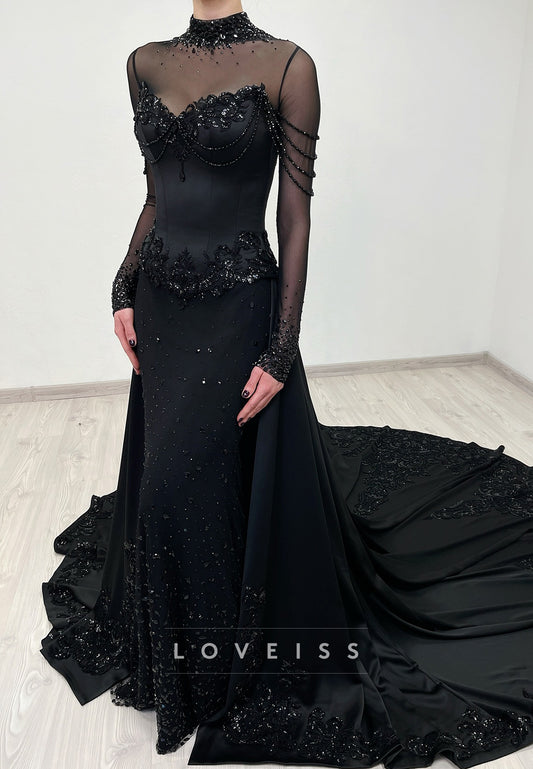 High Neck Long Sleeves Sparkly Sequins Sheath Black Wedding Dress