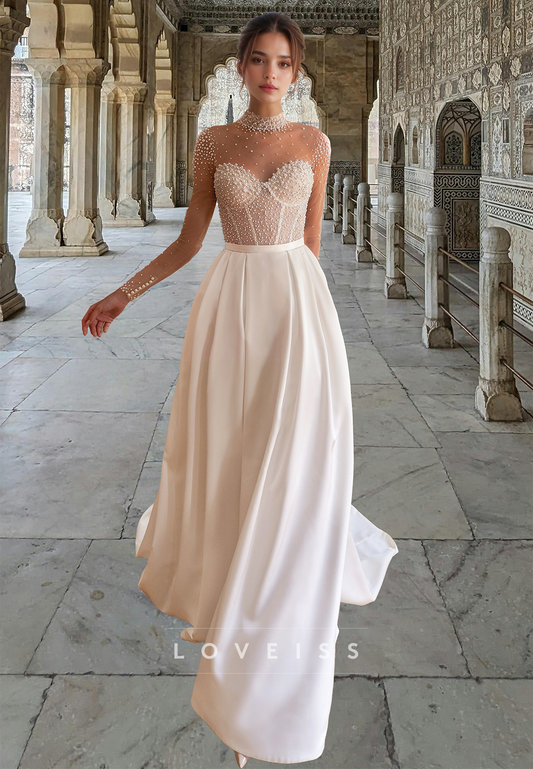High Neck Sheer Long Sleeves Beaded Satin A-Line Wedding Dress