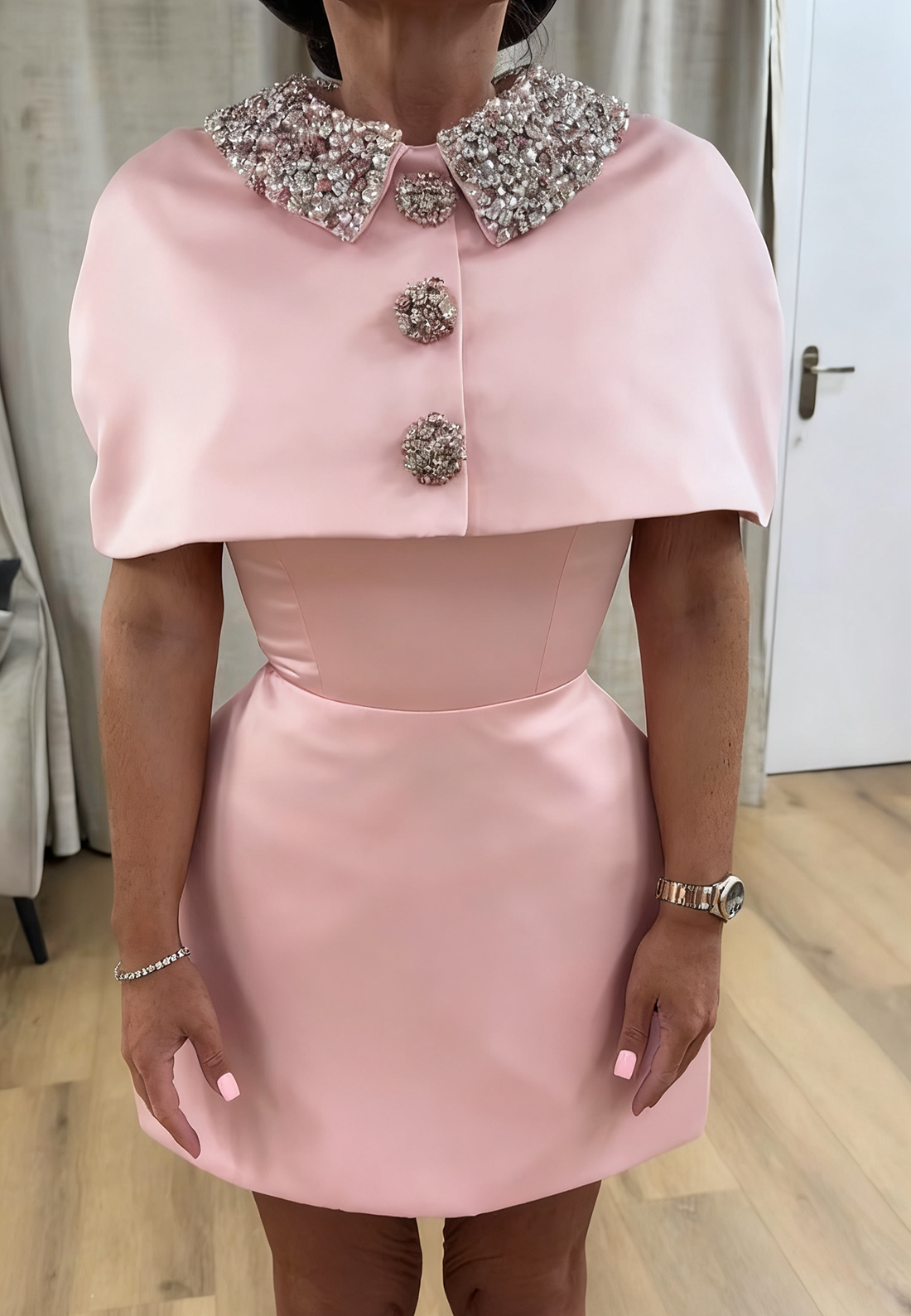 High Neck Short Sleeves Beaded Short Wedding Guest Dress