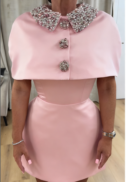 High Neck Short Sleeves Beaded Short Wedding Guest Dress