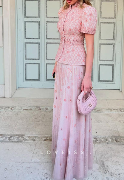 High Neck Short Sleeves Beaded A-Line Sparkly Evening Dress