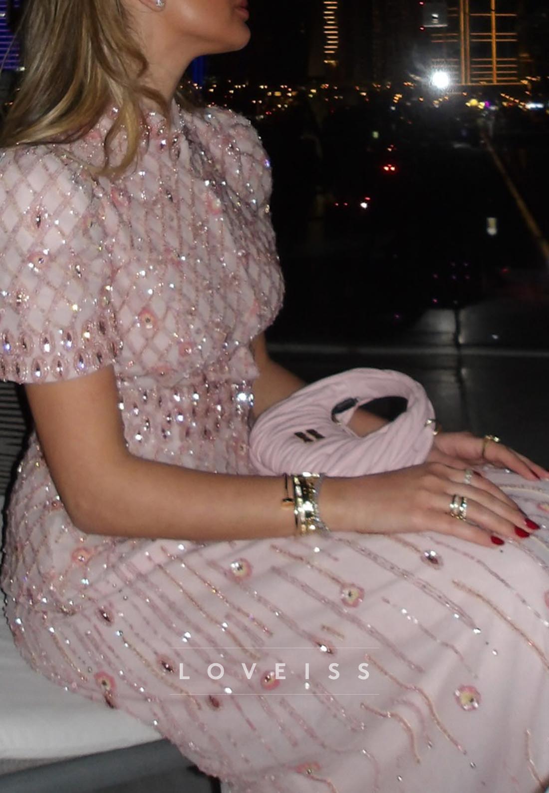 High Neck Short Sleeves Beaded A-Line Sparkly Evening Dress