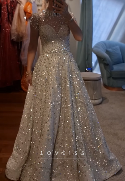 High Neck Short Sleeves Beaded Sparkly A-Line Evening Dress