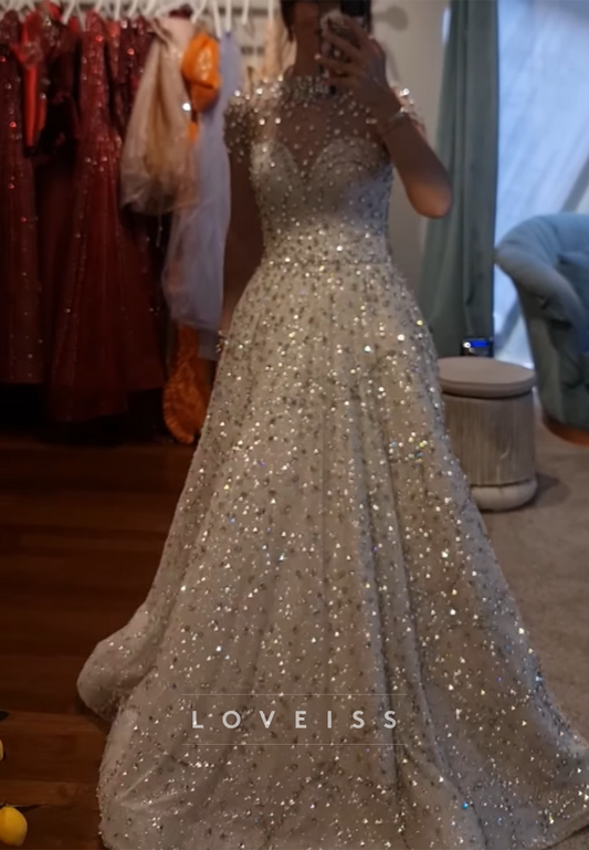 High Neck Short Sleeves Beaded Sparkly A-Line Evening Dress