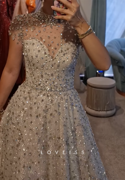 High Neck Short Sleeves Beaded Sparkly A-Line Evening Dress