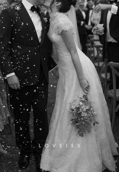 High Neck Short Sleeves Lace Appliques A-Line Wedding Dress