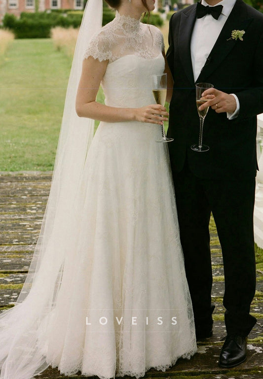 High Neck Short Sleeves Lace Appliques A-Line Wedding Dress