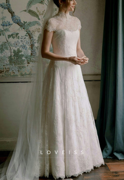 High Neck Short Sleeves Lace Appliques A-Line Wedding Dress