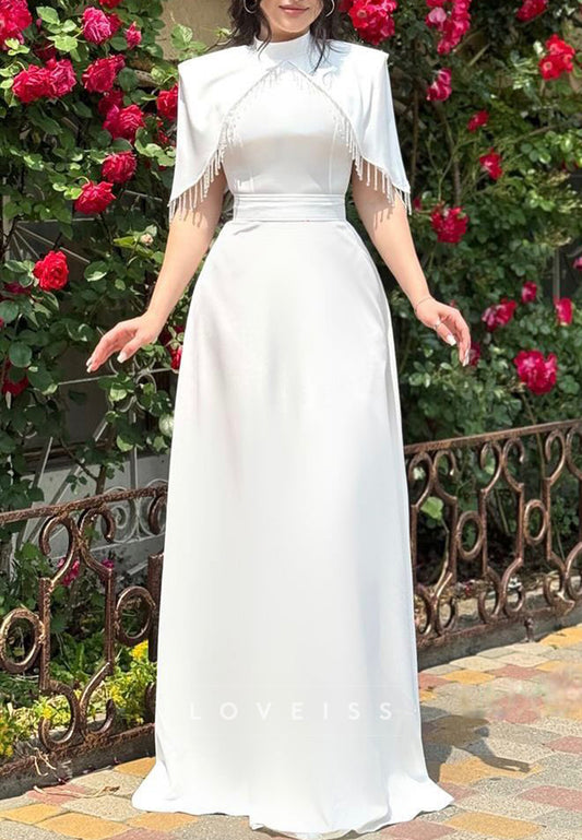 High Neck Short Sleeves Sleek Sheath Wedding Dress
