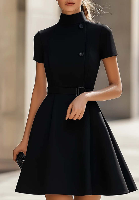 High Neck Short Sleeves Work Dress A-Line Party Dress