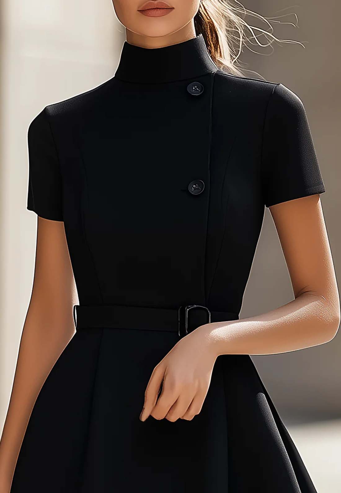 High Neck Short Sleeves Work Dress A-Line Party Dress