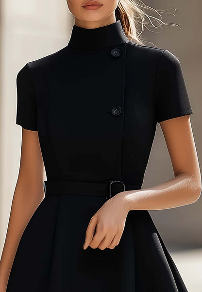 High Neck Short Sleeves Work Dress A-Line Party Dress