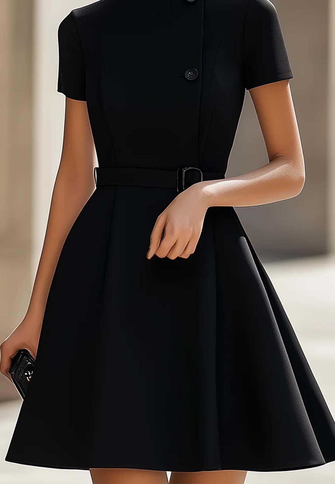 High Neck Short Sleeves Work Dress A-Line Party Dress