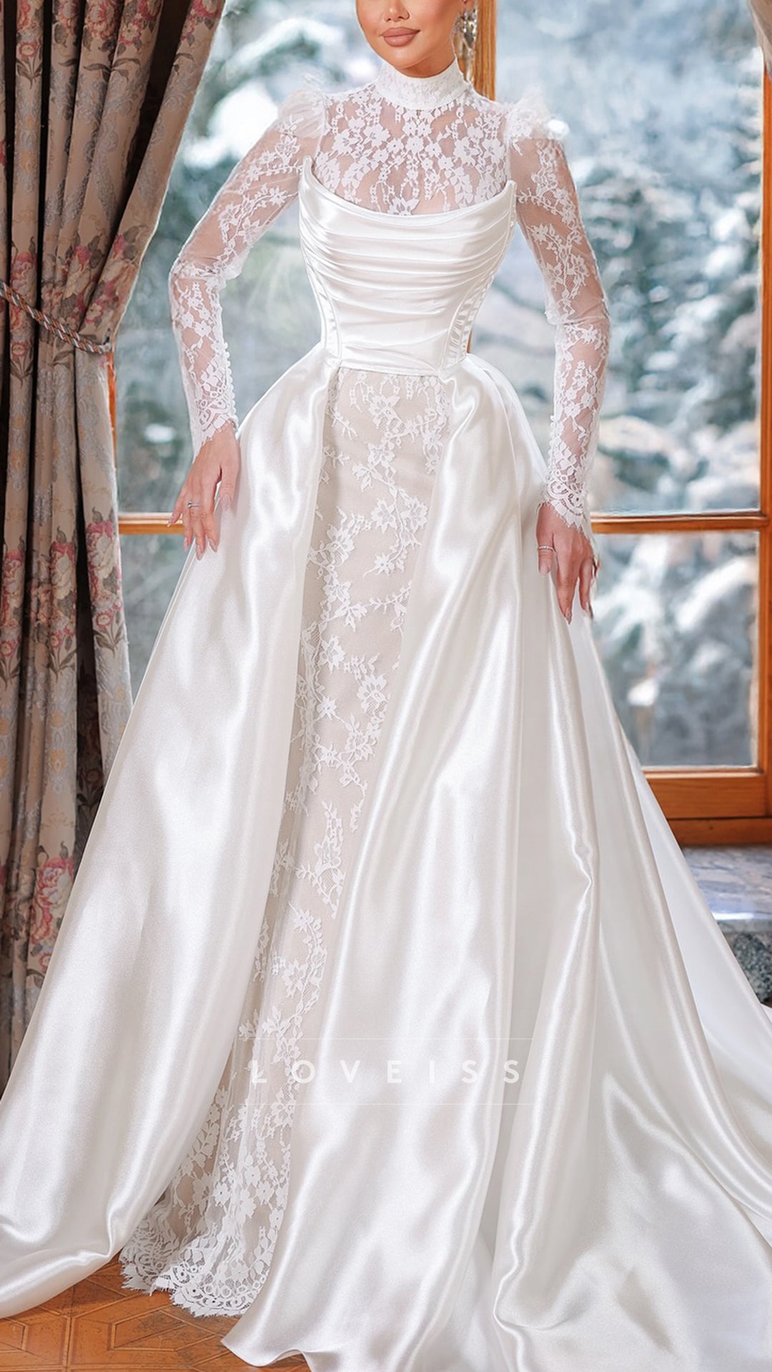 High Neck Sleek Lace Appliques Mermaid Wedding Dress with Train