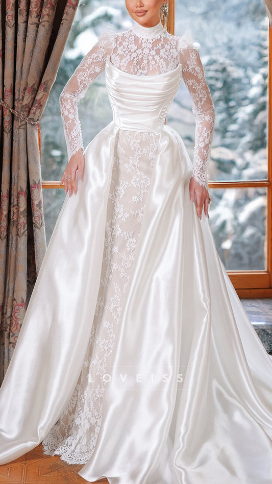 High Neck Sleek Lace Appliques Mermaid Wedding Dress with Train