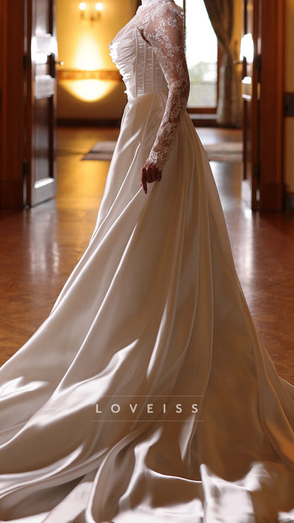 High Neck Sleek Lace Appliques Mermaid Wedding Dress with Train