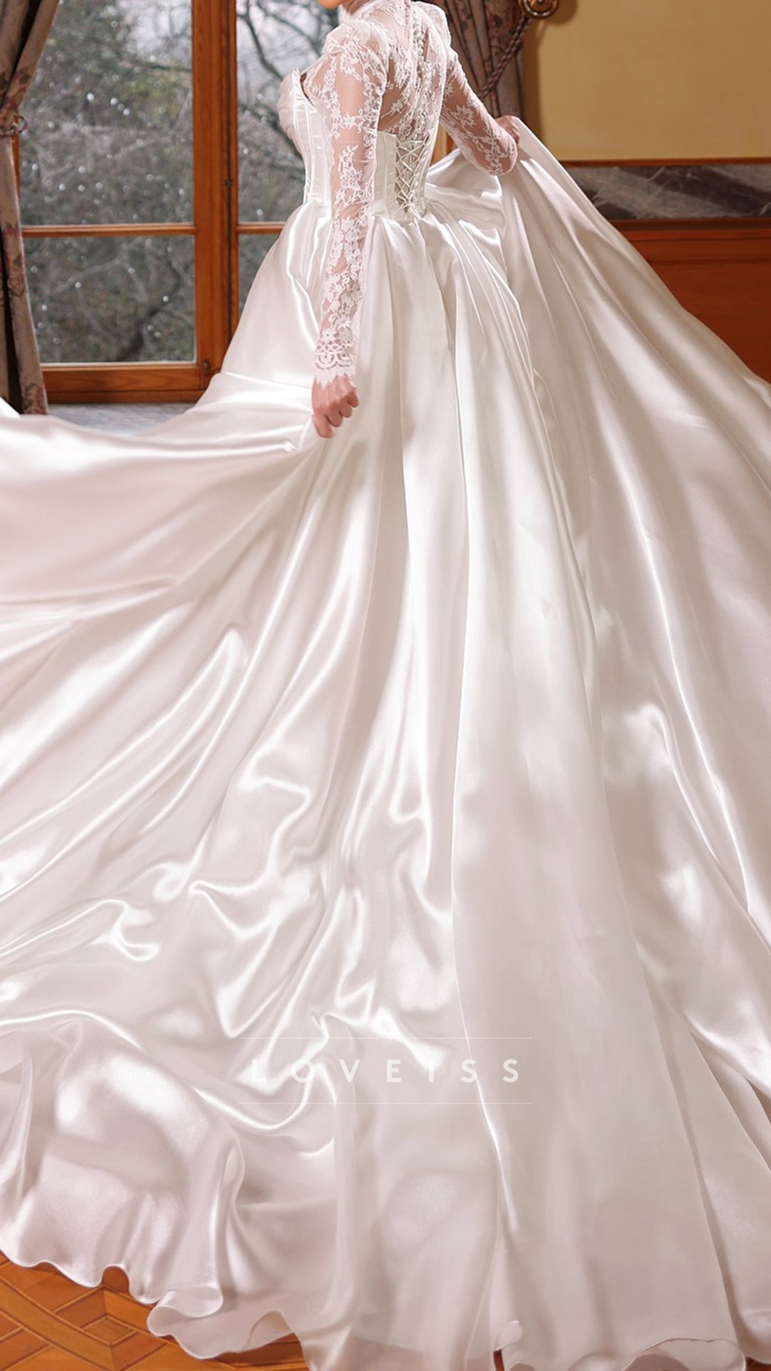 High Neck Sleek Lace Appliques Mermaid Wedding Dress with Train