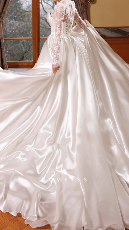 High Neck Sleek Lace Appliques Mermaid Wedding Dress with Train