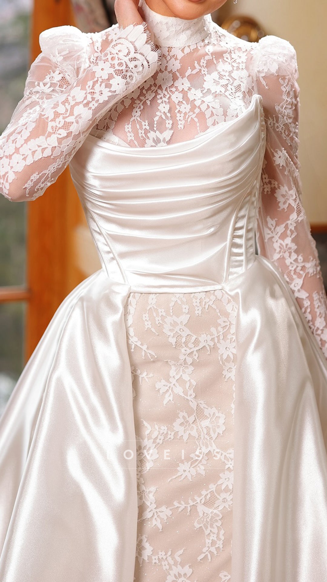 High Neck Sleek Lace Appliques Mermaid Wedding Dress with Train