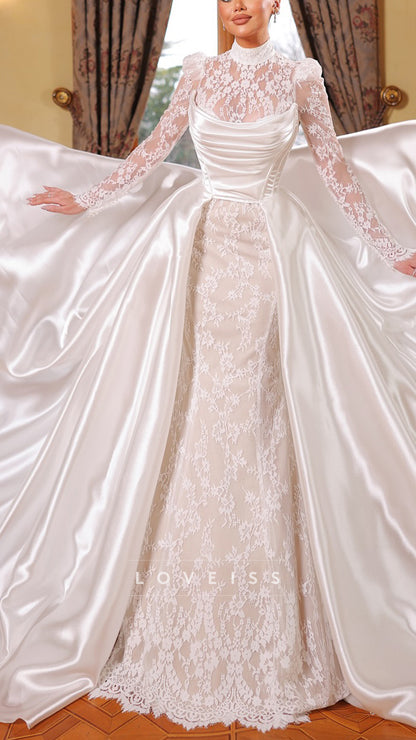 High Neck Sleek Lace Appliques Mermaid Wedding Dress with Train