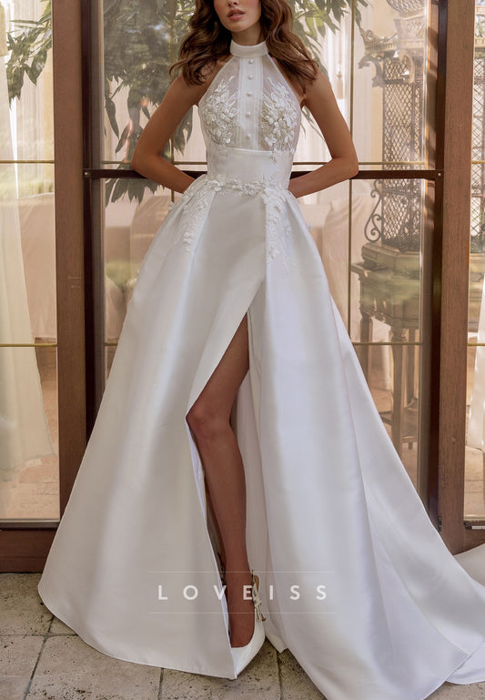 High Neck Sleeveless Appliques A-Line Wedding Dress