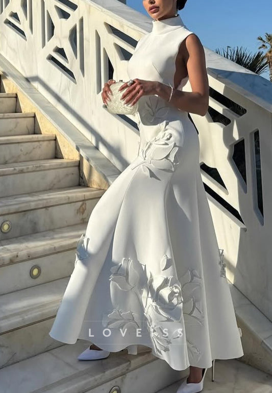 High Neck Sleeveless Appliques A-Line Wedding Dress