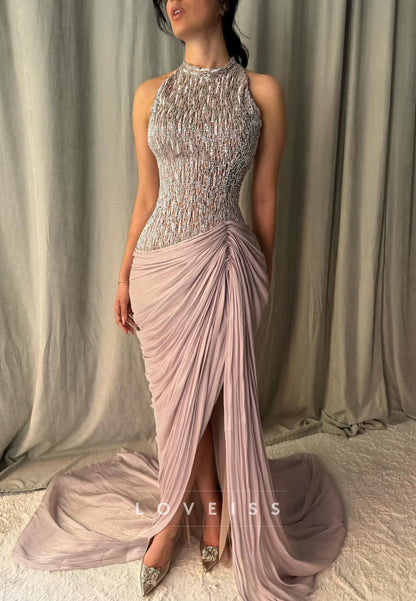 High Neck Sleeveless Pleated Beaded Sheath Evening Dress