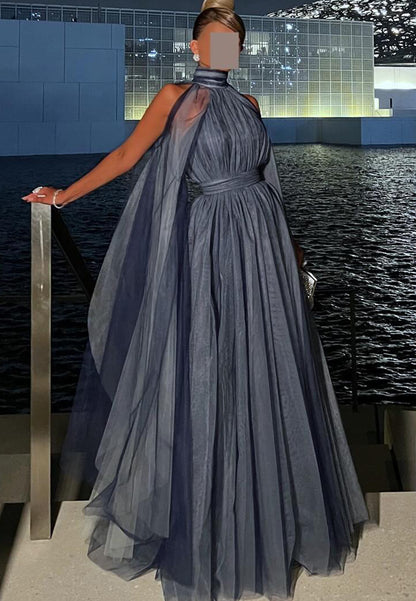 High Neck Sleeveless Pleated Mesh A-Line Evening Dress
