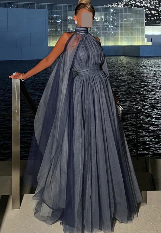 High Neck Sleeveless Pleated Mesh A-Line Evening Dress