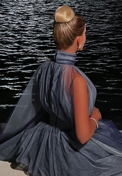 High Neck Sleeveless Pleated Mesh A-Line Evening Dress