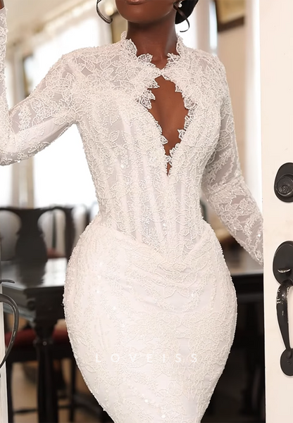 High Neck V-Neck Lace Appliques Mermaid Wedding Dress