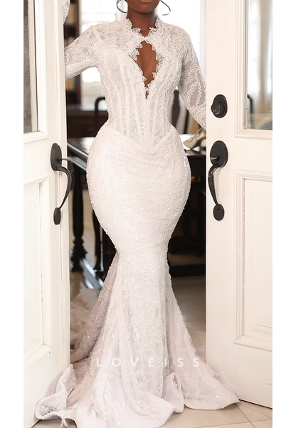 High Neck V-Neck Lace Appliques Mermaid Wedding Dress