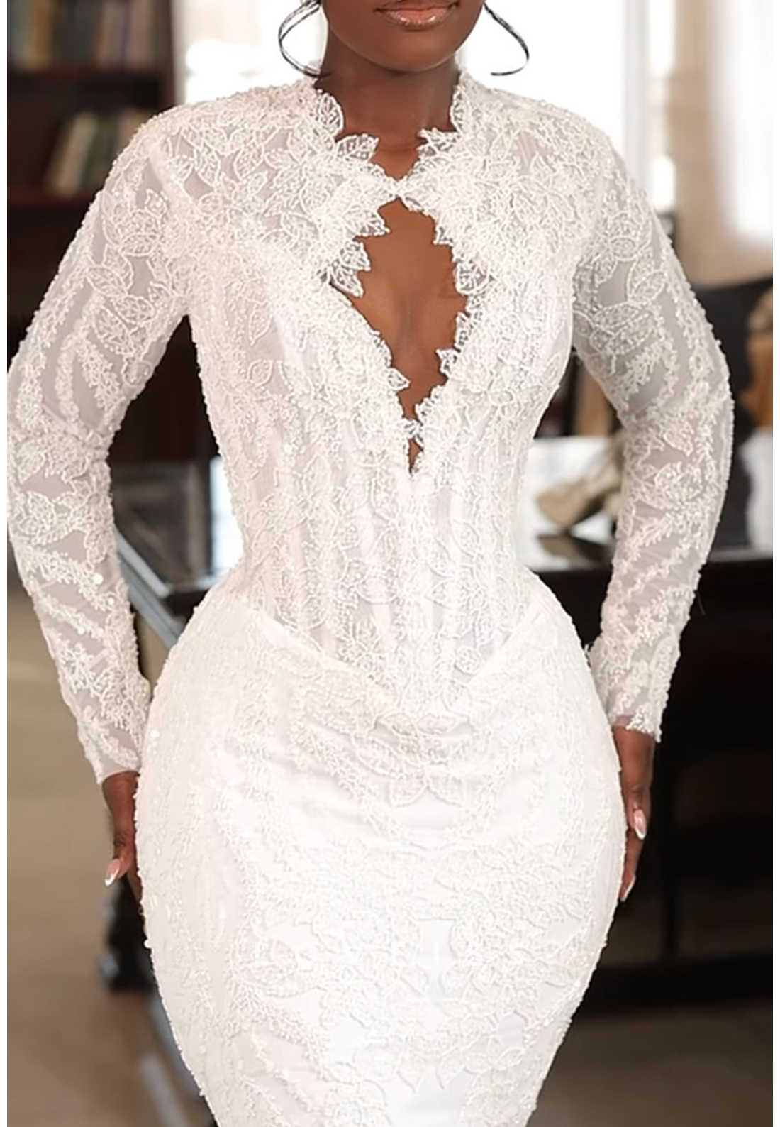 High Neck V-Neck Lace Appliques Mermaid Wedding Dress