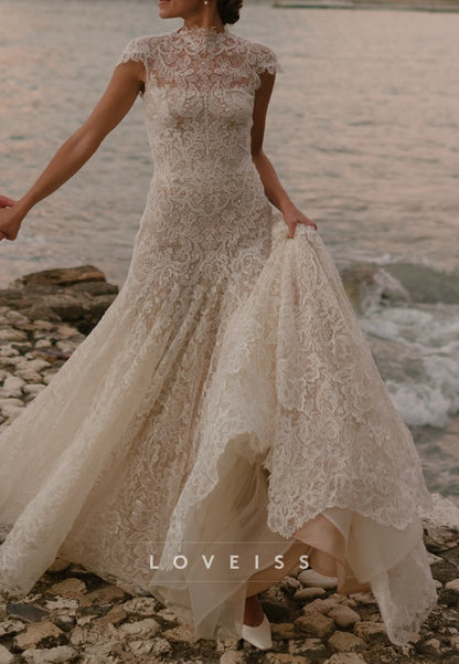 High Neck Cap Sleeves Lace Appliques A-Line Wedding Dress