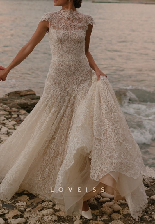 High Neck Cap Sleeves Lace Appliques A-Line Wedding Dress